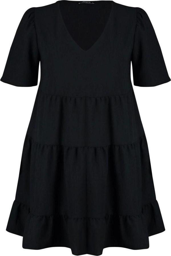 Moda Rahat Casual Günlük Aerobin Dokuma V Yaka Kısa Kol Smock Mini Boy Büyük Beden Elbise - Image 1