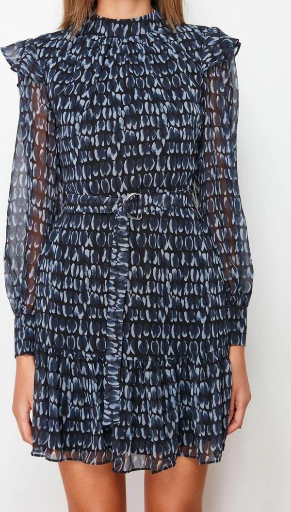 Moda Regular Gündüz Gece Şifon Dokuma Dik Yaka Uzun Kol A-Line Mini Boy Elbise - Image 1