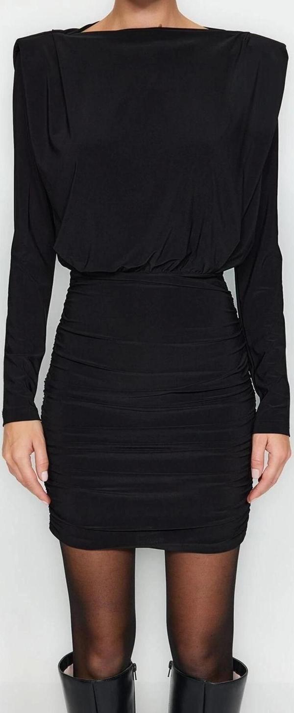 Moda Slim Gündüz Gece Kalın Sandy Örme Kayık Yaka Uzun Kol Bodycone Mini Boy Elbise - Image 1