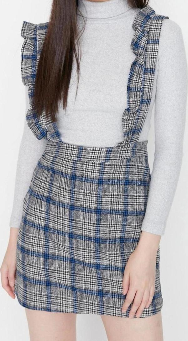 Moda Regular Casual Günlük Flanel Dokuma Kare Yaka Askılı Kol Jile Mini Boy Elbise - Image 1