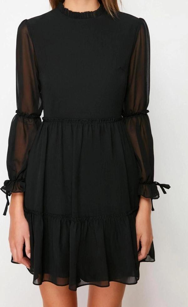 Moda Regular Gündüz Gece Şifon Dokuma Dik Yaka Uzun Kol Skater Mini Boy Elbise - Image 1