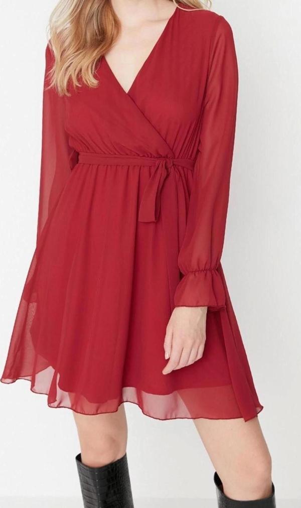 Moda Fit Gündüz Gece Şifon Dokuma Kruvaze Uzun Kol Skater Mini Boy Elbise - Image 1