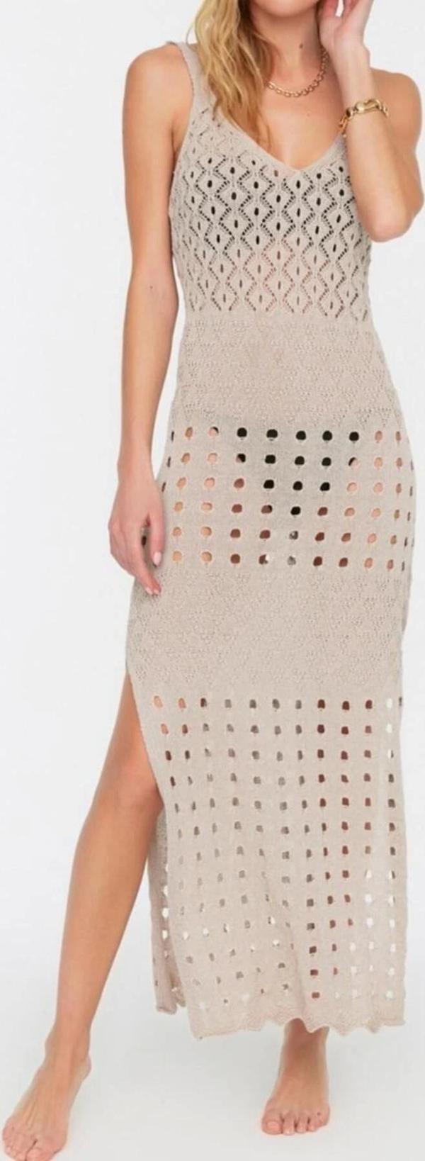 Moda Regular Plaj Günlük Triko Görünümlü Triko V Yaka Askılı Kol A-Line Maxi Boy Elbise - Image 1