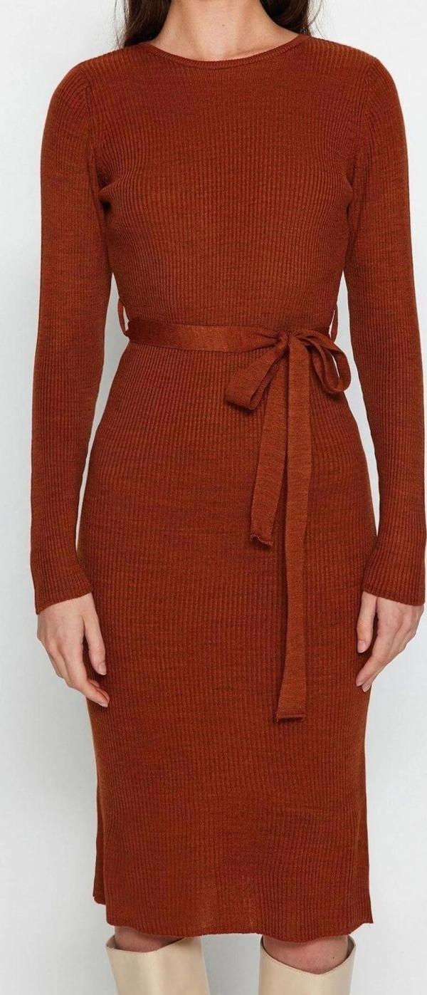 Moda Slim Casual Günlük Fitilli Triko Bisiklet Yaka Uzun Kol A-Line Midi Boy Elbise - Image 1