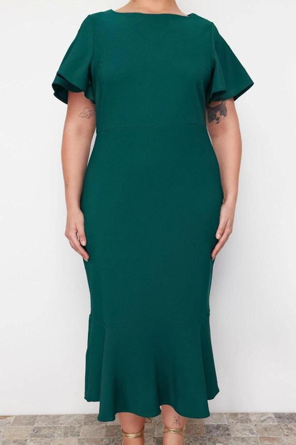 Moda Fit Gündüz Gece Finike Dokuma Bisiklet Yaka Kısa Kol Bodycone Midi Boy Büyük Beden Elbise - Image 1