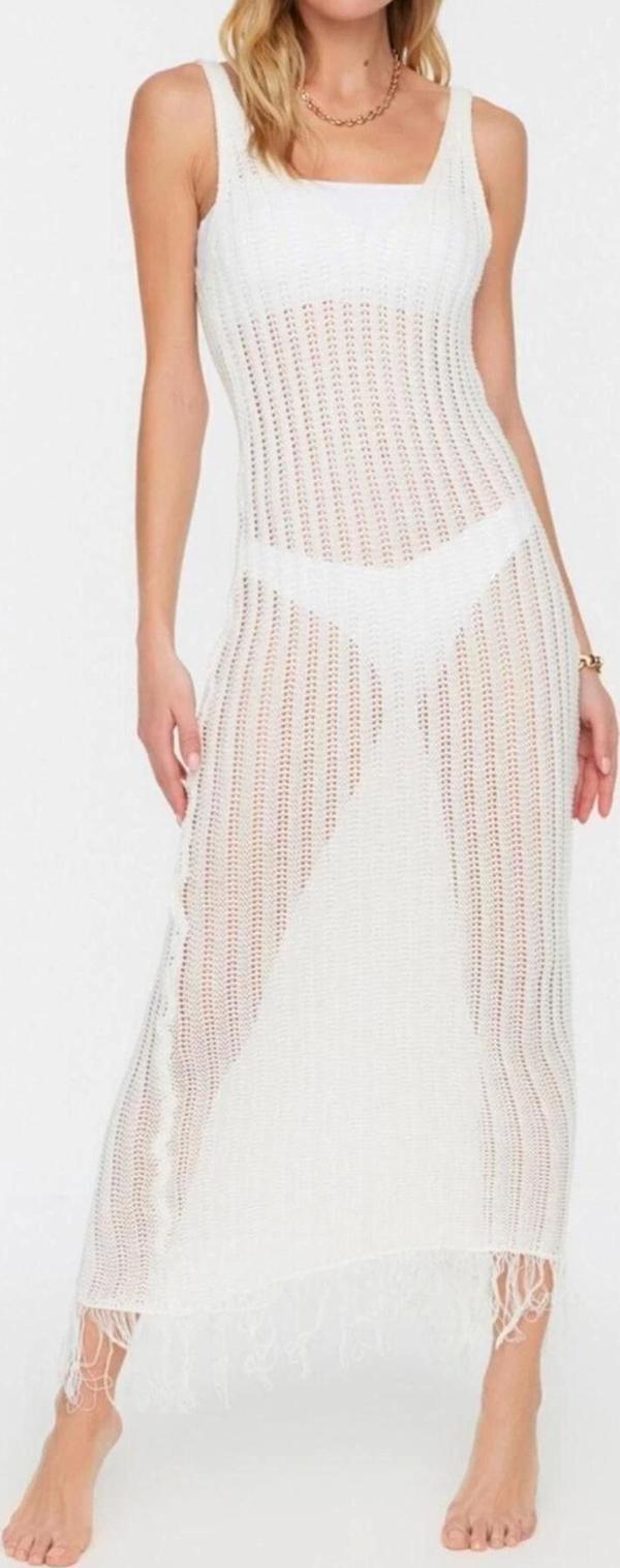 Moda Regular Plaj Günlük Triko Görünümlü Triko V Yaka Askılı Kol Basic Midi Boy Elbise - Image 1