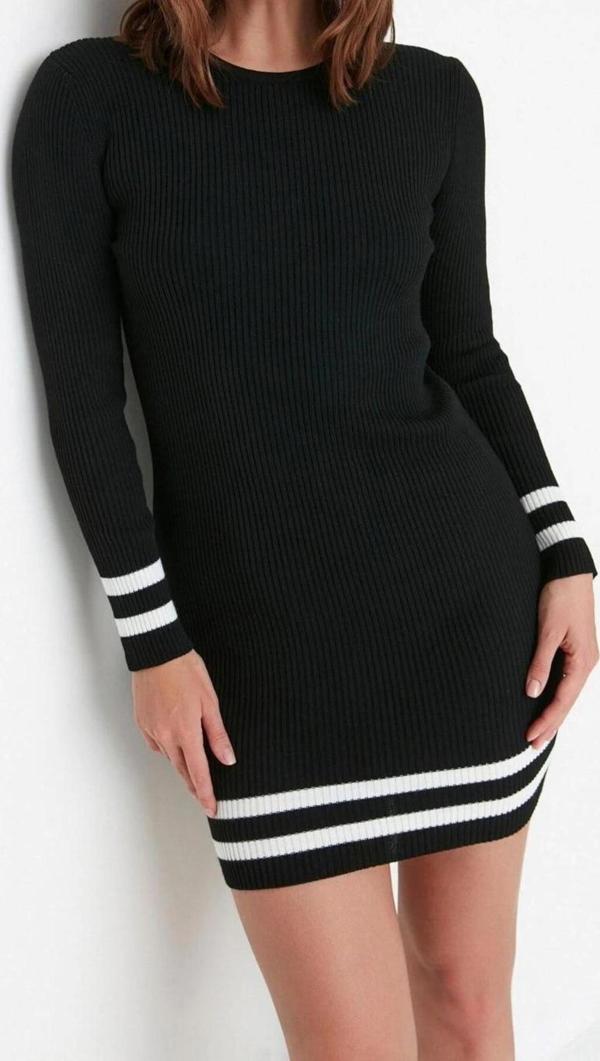 Moda Slim Casual Günlük Tek Plaka Triko Bisiklet Yaka Uzun Kol Bodycone Mini Boy Elbise - Image 1