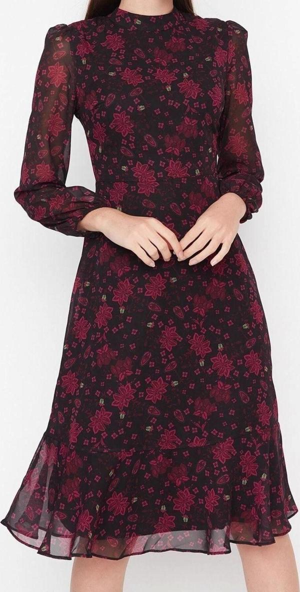 Moda Regular Gündüz Gece Şifon Dokuma Dik Yaka Uzun Kol A-Line Midi Boy Elbise - Image 1