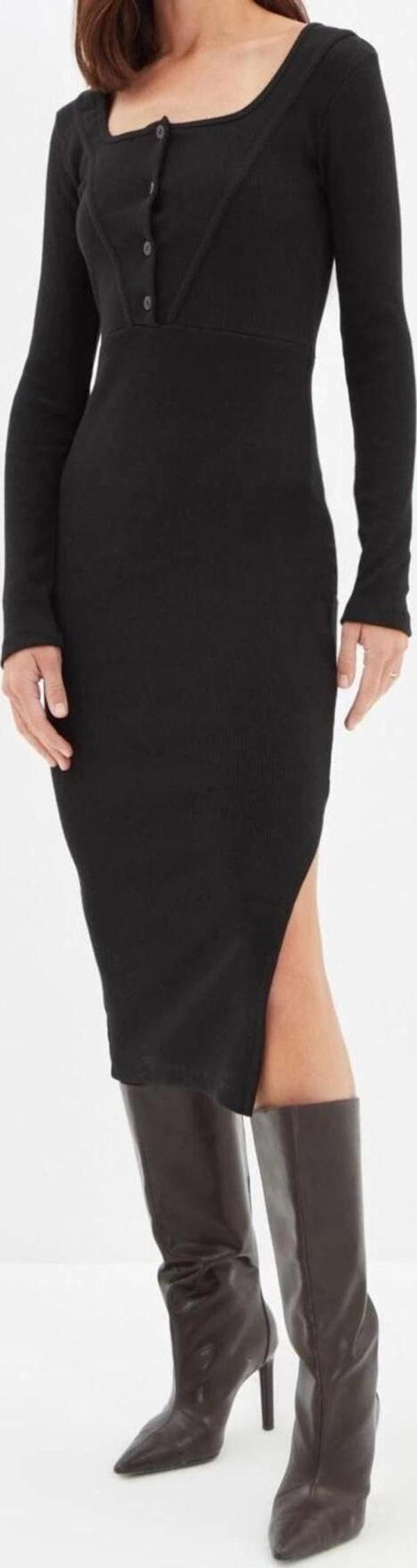 Moda Slim Casual Günlük Kaşkorse Örme Kare Yaka Uzun Kol Bodycone Midi Boy Elbise - Image 1