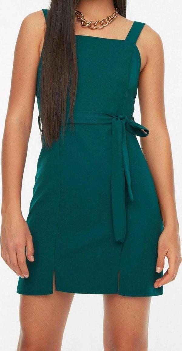 Moda Regular Business Finike Dokuma Kare Yaka Askılı Kol Bodycone Mini Boy Elbise - Image 1