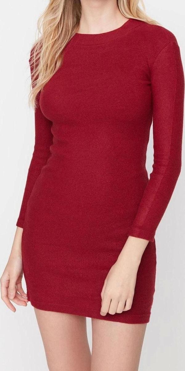 Moda Slim Casual Günlük Rejenere Kaşkorse Örme Dik Yaka Uzun Kol Bodycone Mini Boy Elbise - Image 1