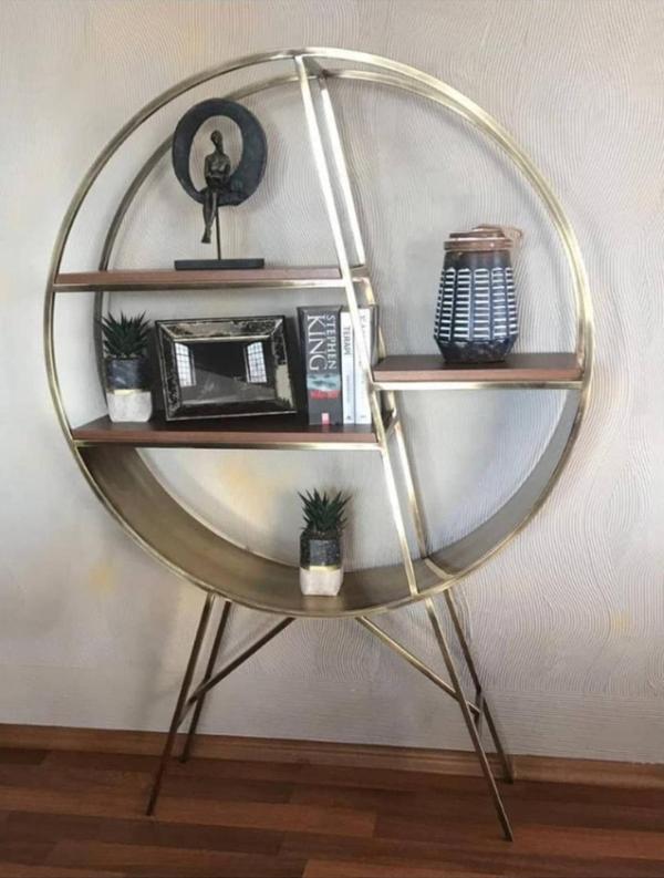 Aşil Pirinç Eskitme Metal Yuvarlak Duvar Rafı Kitaplık - Image 1