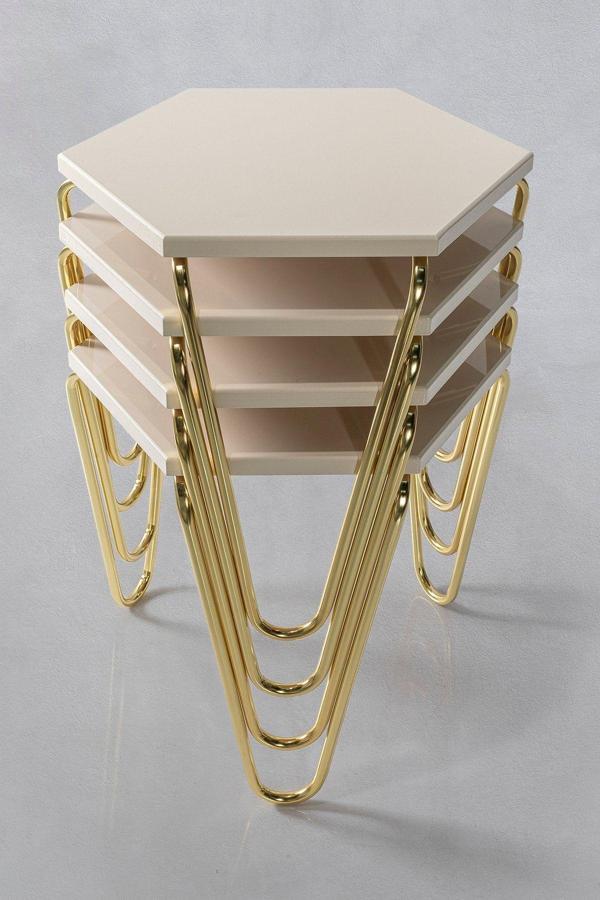 Veys Sehpa 4 Lü Gold Piramit Zigon Sehpa - Krem - Image 1