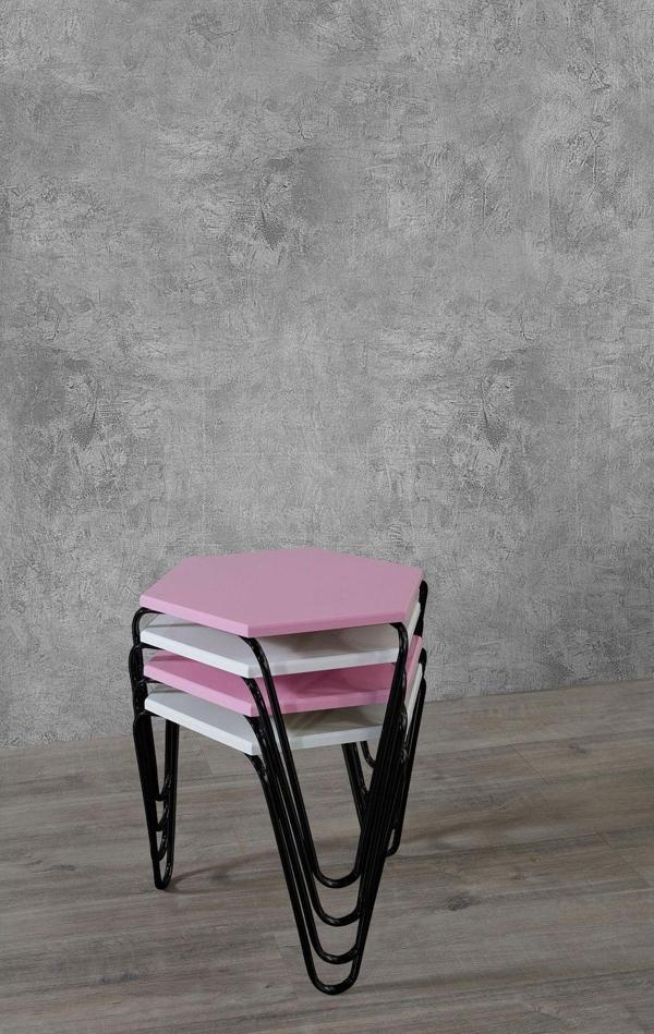 Veys Sehpa 4 Lü Piramit Zigon Sehpa - Siyah Ayaklı - Pembe - Beyaz - Image 1
