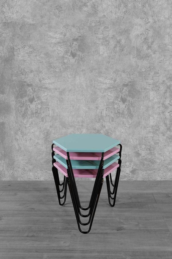 Veys Sehpa 4 Lü Piramit Zigon Sehpa - Siyah Ayaklı - Mavi - Pembe - Image 1
