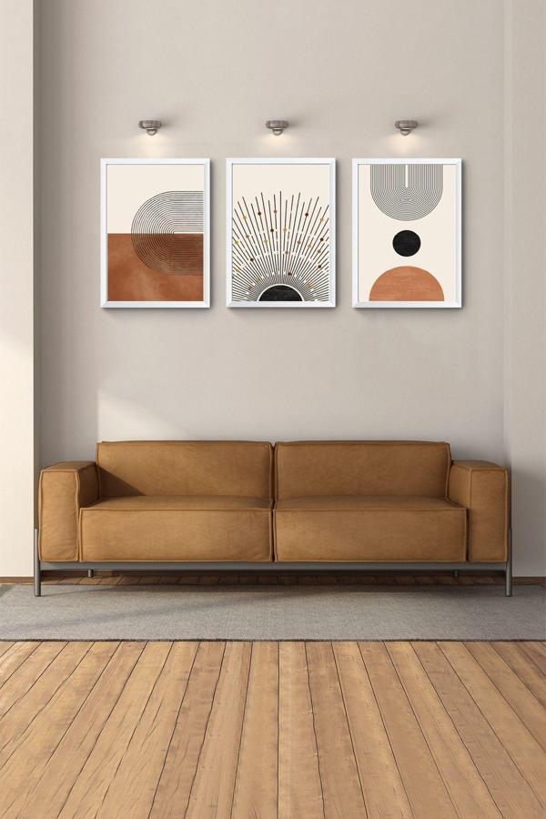 Hagen Beyaz Çerçeveli Mdf Tablo Modern Tablo 3Lü Set Manzara Tabloları Büyük Salon Tablosu Seti - Image 1