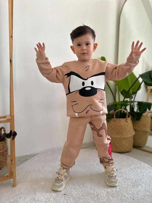 ERKEK ÇOCUK TAZMANYA MODELLİ 3 İPLİK ŞARDONLU KALIN KIŞLIK EŞOFMAN TAKIMI - Image 1