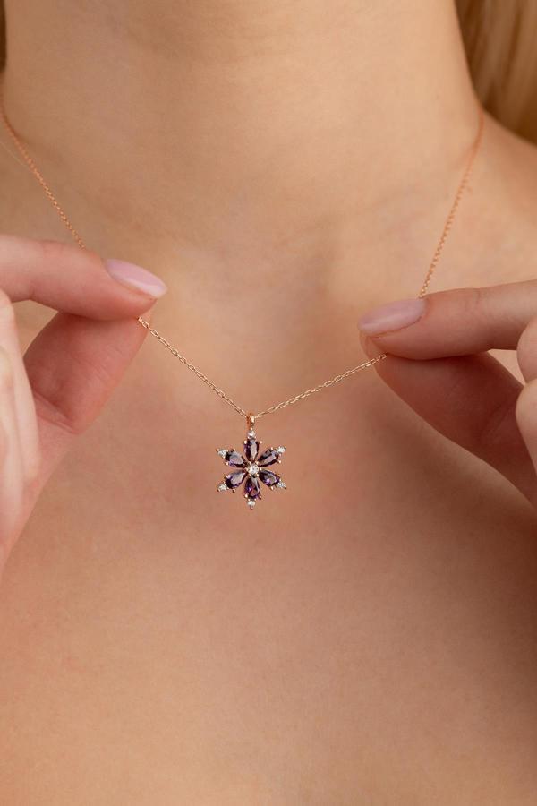 Gümüş Pazarım Ametist Taşlı Aster Çiçeği Gümüş Kolye - Image 1