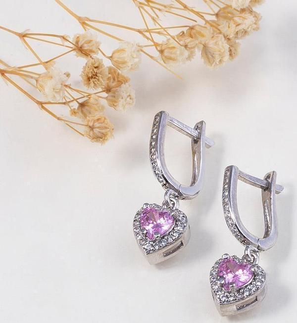 Gümüş Pazarım Pembe Taşlı Kalp Gümüş Küpe - Image 1