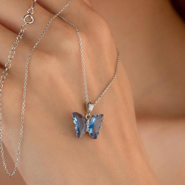 Gümüş Pazarım Mavi Taşlı Kelebek Motifli Gümüş Kolye - Image 1