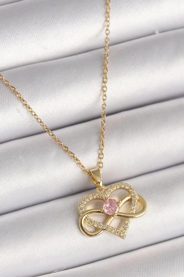 316L Çelik Gold Renk Zincir Zirkon Taşlı Sonsuzluk Kalp Model Kadın Kolye - Image 1