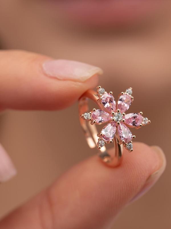 Gümüş Pazarım Pembe Taşlı Aster Çiçeği Gümüş Yüzük - Image 1