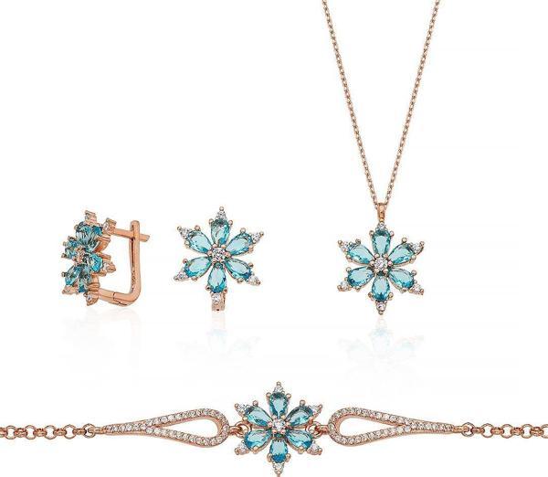 Gümüş Pazarım Turkuaz Renkli Aster Çiçeği Gümüş Set - Image 1