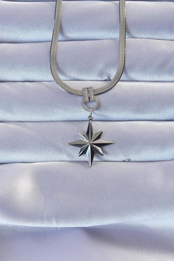 316L Çelik Gümüş Renk Zirkon Taşlı İtalyan Zincirli Kutup Yıldızı Kolye - Image 1