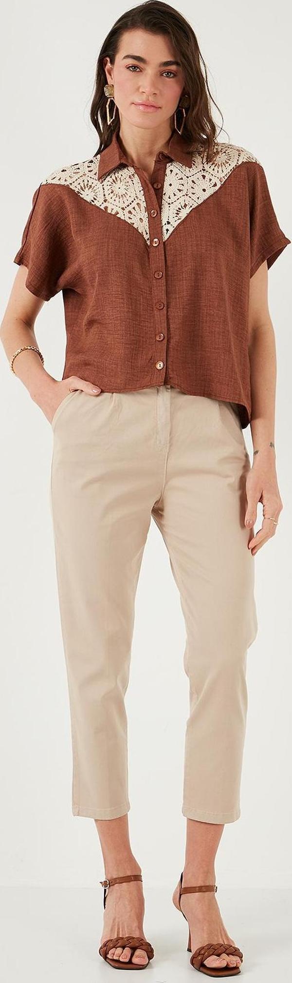 Lela Streç Pamuklu Regular Fit Yüksek Bel Düz Kısa Paça Kemerli Bayan Pantolon 668YP5335 TAŞ - Image 1