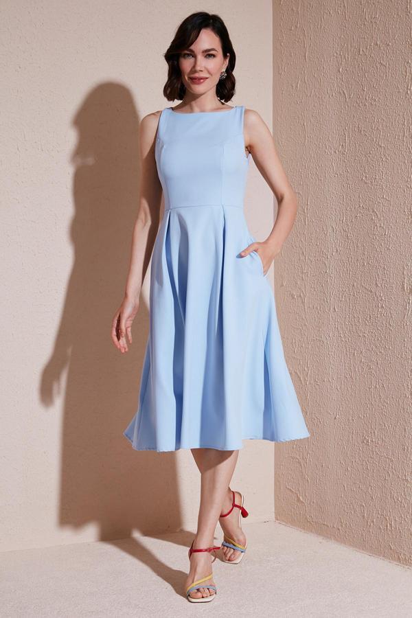 Lela Bisiklet Yaka Regular Fit Cepli Pileli Midi Bayan Elbise 6051963 BEBE MAVİ - Image 1