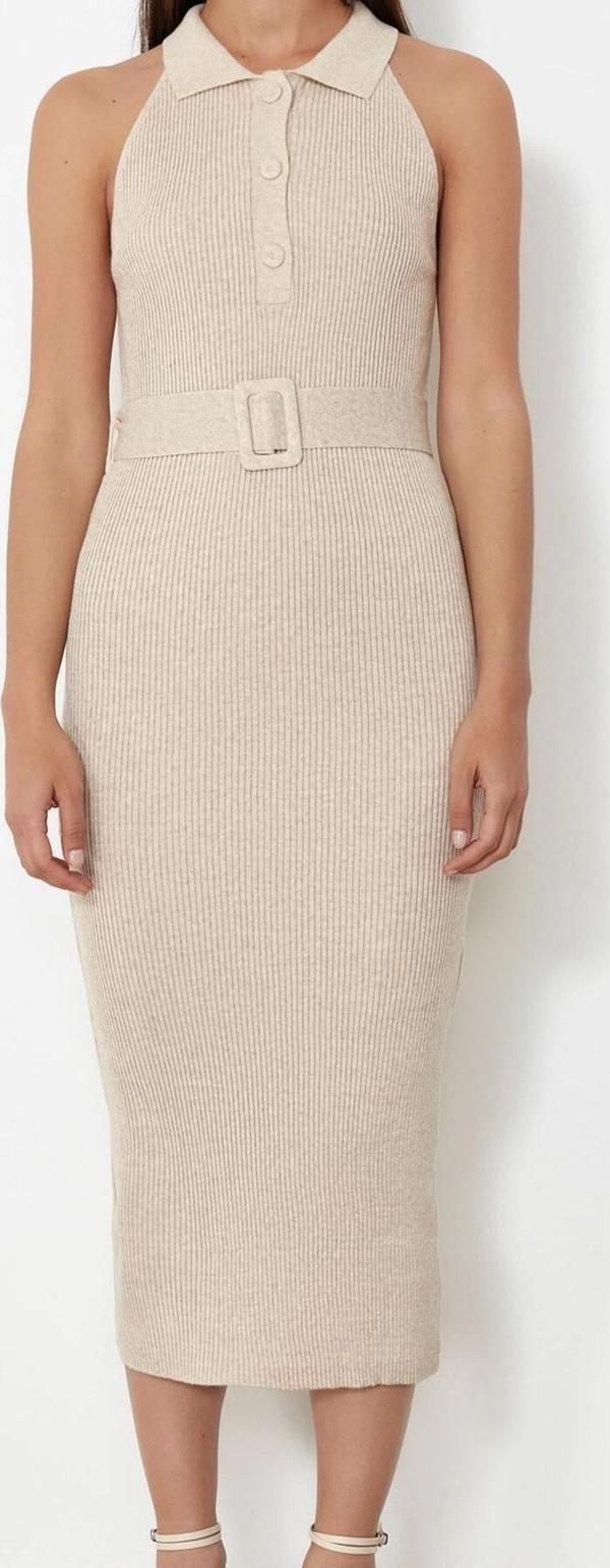 Moda Slim Casual Günlük Çift Plaka Triko Polo Yaka Kolsuz Kol Bodycone Midi Boy Elbise - Image 1