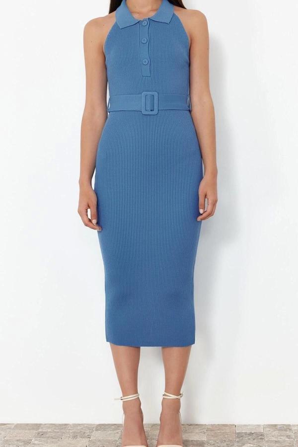 Moda Slim Casual Günlük Çift Plaka Triko Polo Yaka Kolsuz Kol Bodycone Midi Boy Elbise - Image 1