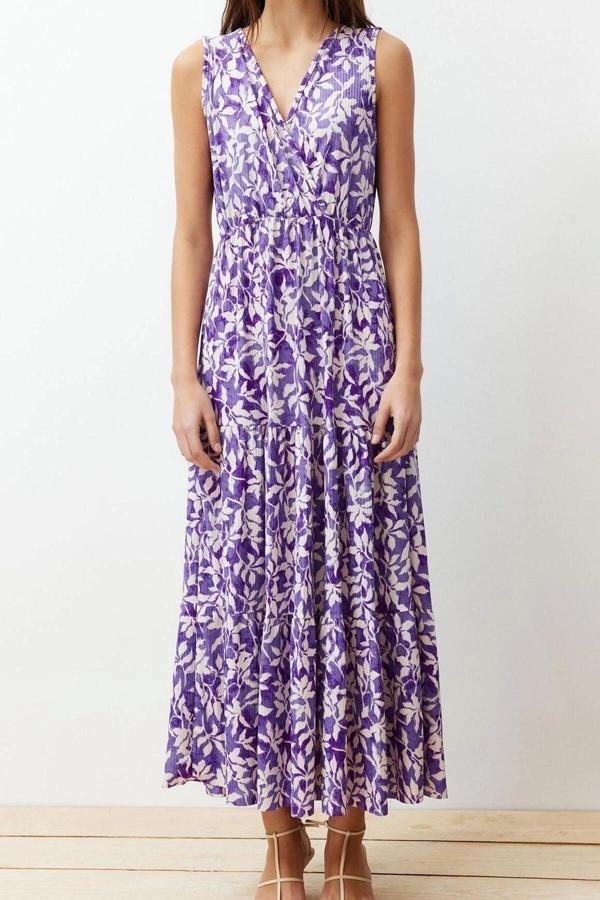 Moda Regular Casual Günlük Polyester Kaşkorse Örme V Yaka Kolsuz Kol A-Line Maxi Boy Elbise - Image 1