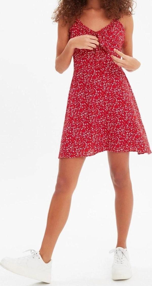 Moda Regular Casual Günlük Shally Dokuma V Yaka Askılı Kol A-Line Mini Boy Elbise - Image 1