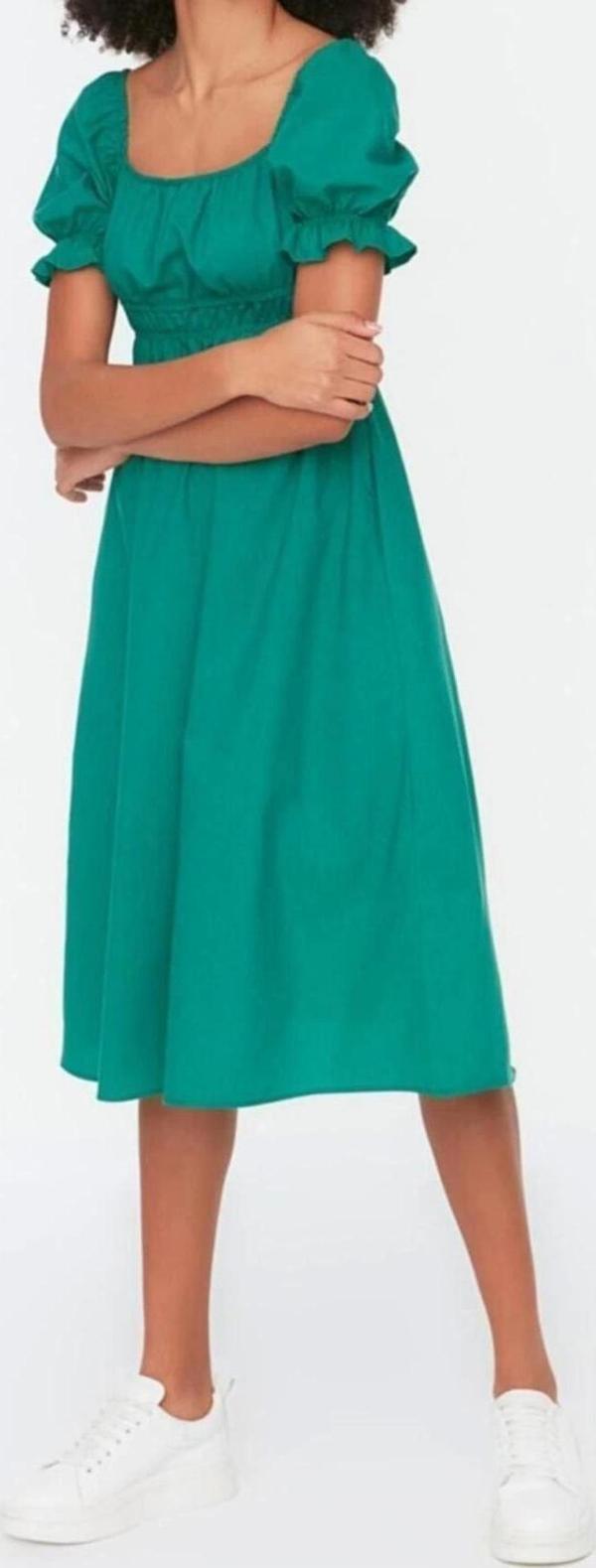 Moda Regular Casual Günlük Poplin Dokuma Kare Yaka Kısa Kol Skater Midi Boy Elbise - Image 1