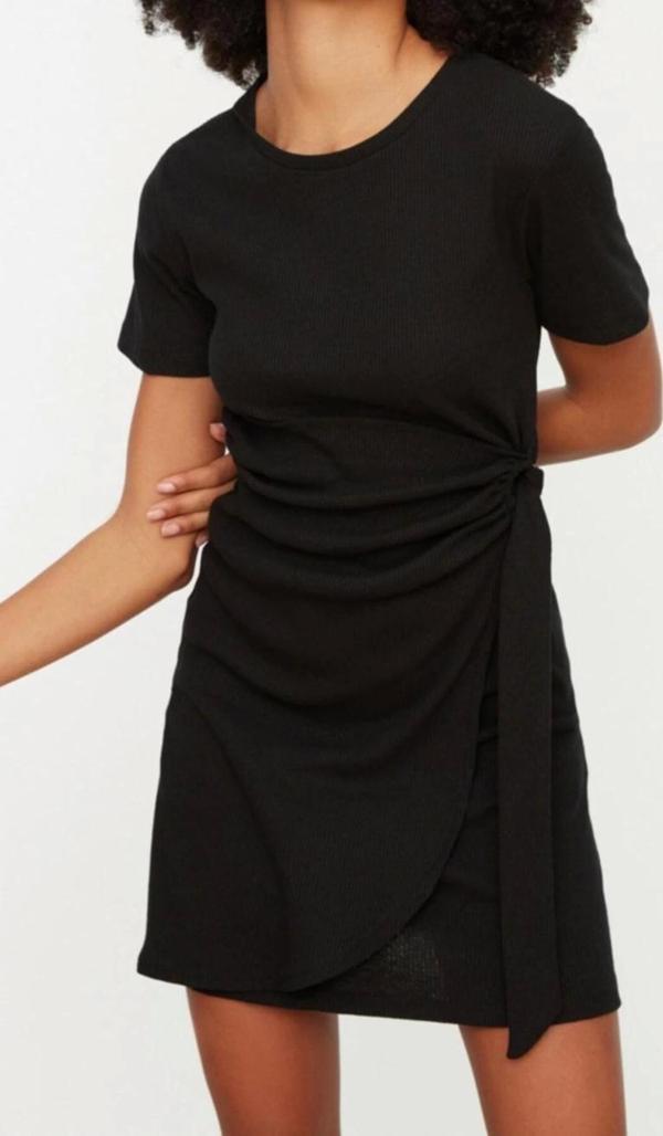 Moda Regular Casual Günlük Kaşkorse Örme Bisiklet Yaka Kısa Kol Anvelop Mini Boy Elbise - Image 1