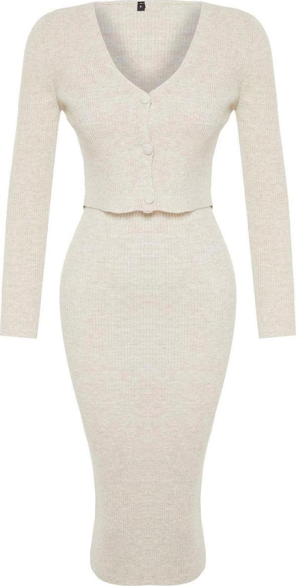 Moda Slim Casual Günlük Fitilli Triko V Yaka Uzun Kol Bodycone Midi Boy Elbise - Image 1