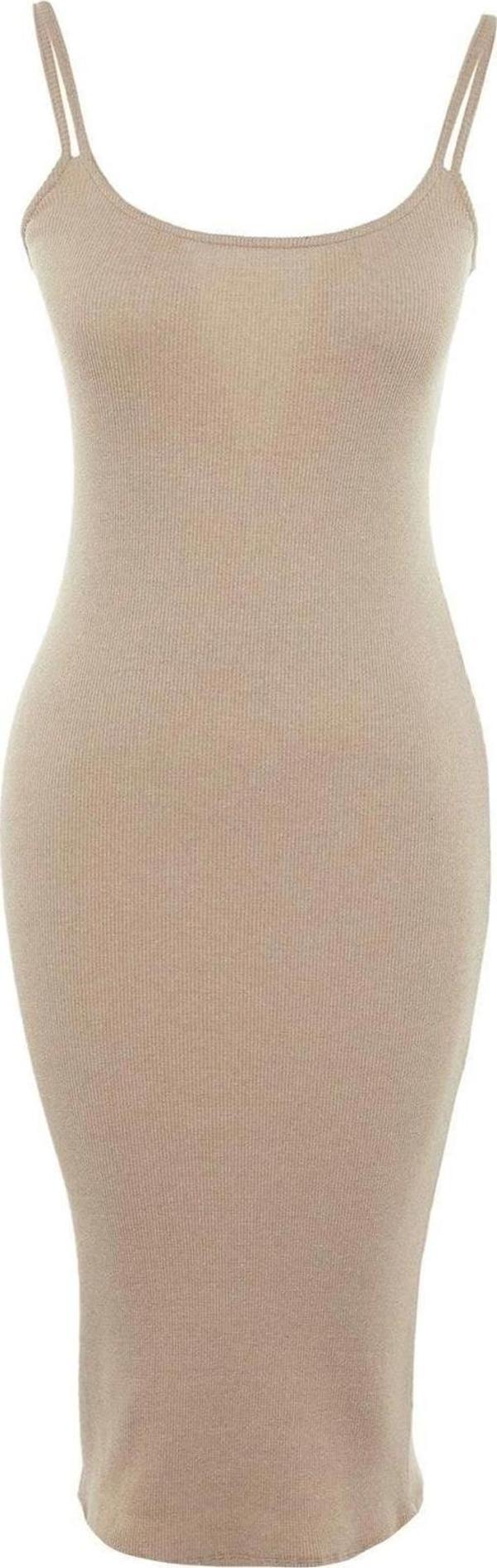 Moda Slim Casual Günlük Kaşkorse Örme Havuz Yaka Askılı Kol Bodycone Midi Boy Elbise - Image 1