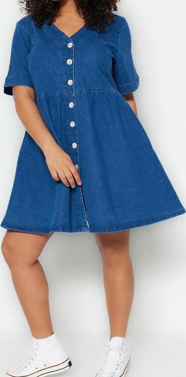 Moda Rahat Casual Günlük Comfort Denim V Yaka Kısa Kol A-Line Mini Boy Büyük Beden Elbise - Image 1