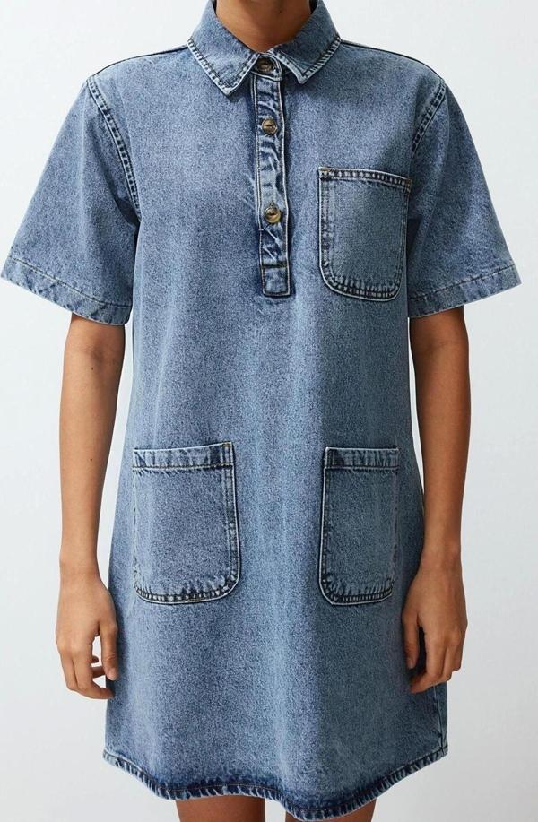 Moda Regular Casual Günlük Rigid Denim Kare Yaka Kısa Kol Gömlek Elbise Mini Boy Elbise - Image 1