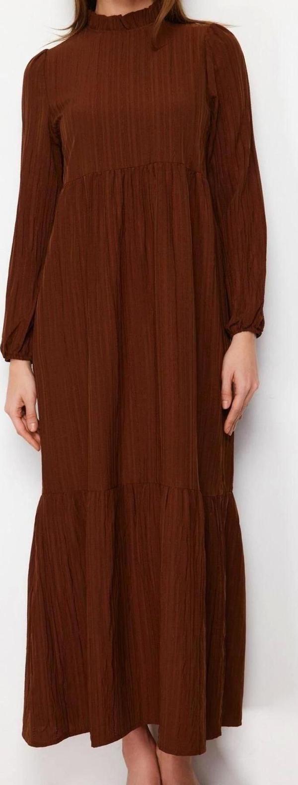 Moda Rahat Casual Günlük Crinkle Dokuma Dik Yaka Uzun Kol A-Line Maxi Boy Tesettür Elbise - Image 1