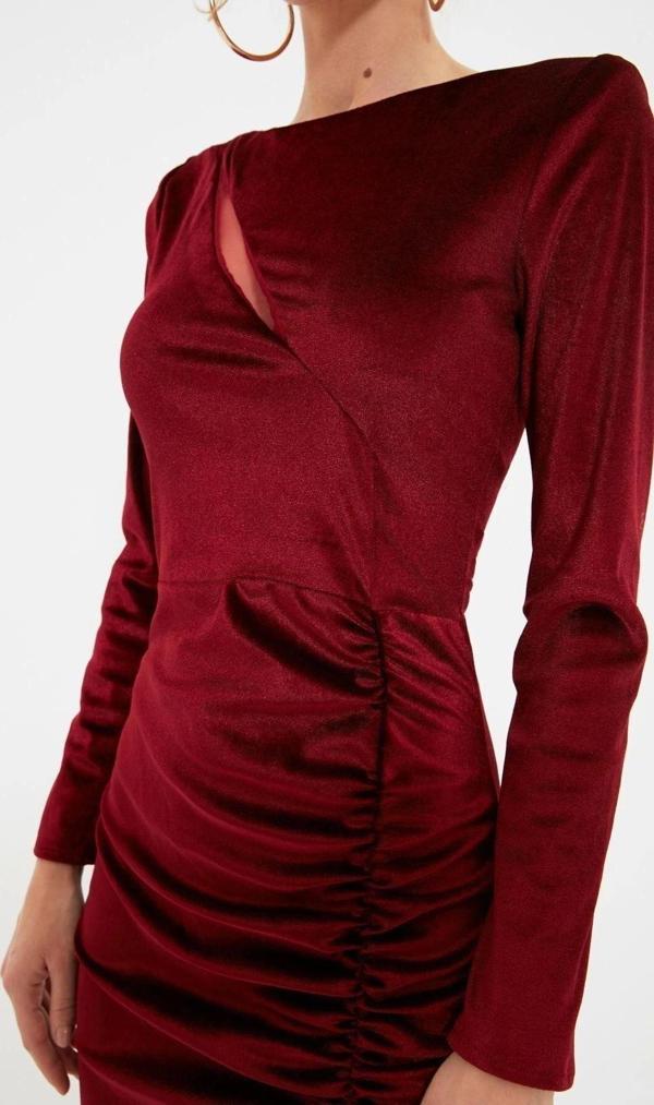 Moda Regular Mezuniyet Balo Kadife Örme Kayık Yaka Uzun Kol Bodycone Midi Boy Elbise - Image 1