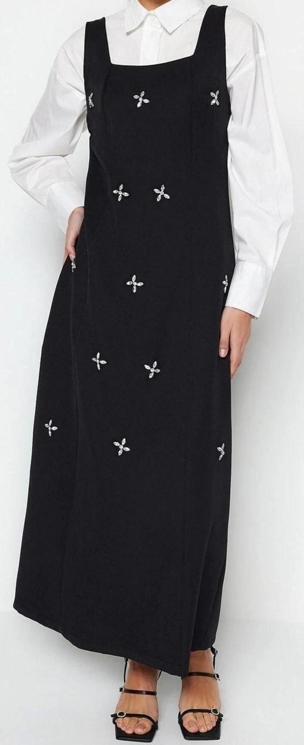 Moda Jile Casual Günlük Finike Dokuma Kare Yaka Kolsuz Kol Jile Maxi Boy Tesettür Elbise - Image 1