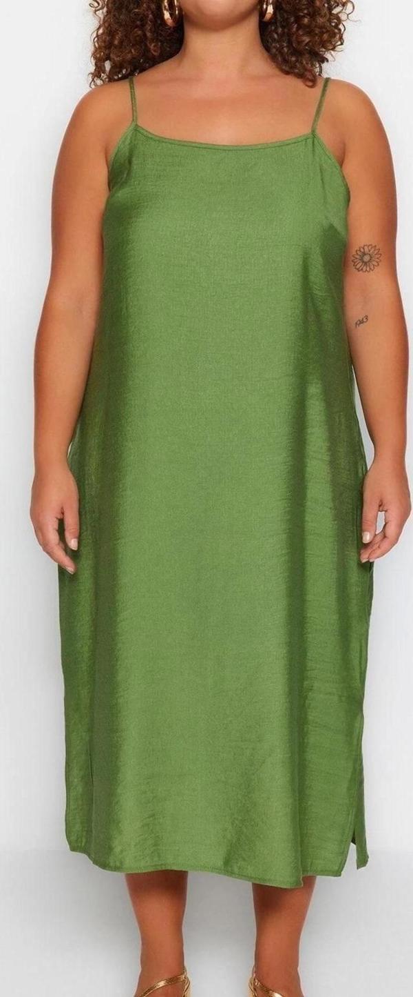 Moda Fit Casual Günlük Shally Dokuma Kare Yaka Askılı Kol Shift Midi Boy Büyük Beden Elbise - Image 1