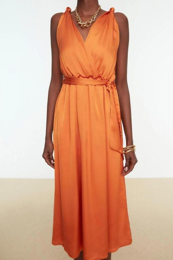 Moda Regular Mezuniyet Balo Saten Dokuma Kruvaze Askılı Kol Skater Midi Boy Elbise - Image 1