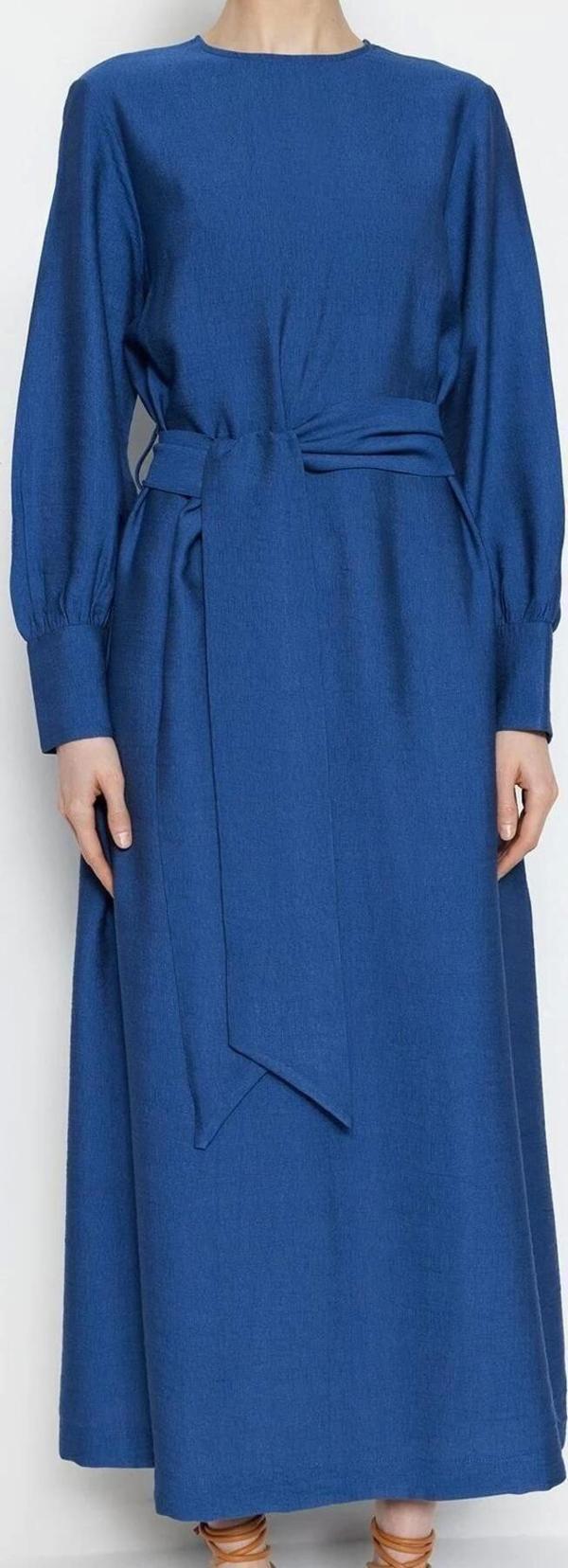 Moda Regular Günlük Keten Aerobin Dokuma Bisiklet Yaka Uzun Kol Shift Maxi Boy Tesettür Elbise - Image 1