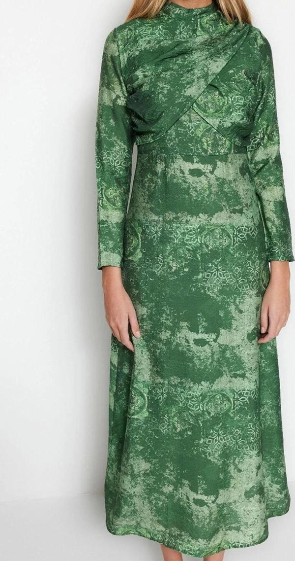 Moda Regular Casual Günlük Lilyum Dokuma Kruvaze Uzun Kol Shift Maxi Boy Tesettür Elbise - Image 1