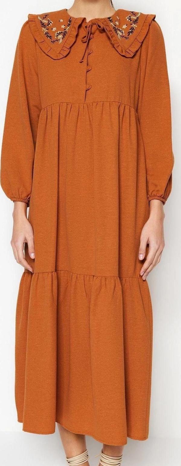 Moda Regular Casual Günlük Keten Görünümlü Dokuma Bebe Yaka Uzun Kol Basic Maxi Boy Tesettür Elbise - Image 1