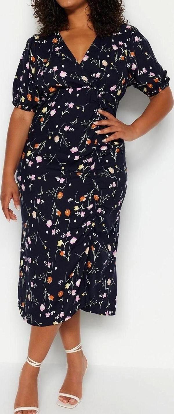 Moda Rahat Casual Günlük Shally Dokuma Kruvaze Kısa Kol A-Line Midi Boy Büyük Beden Elbise - Image 1