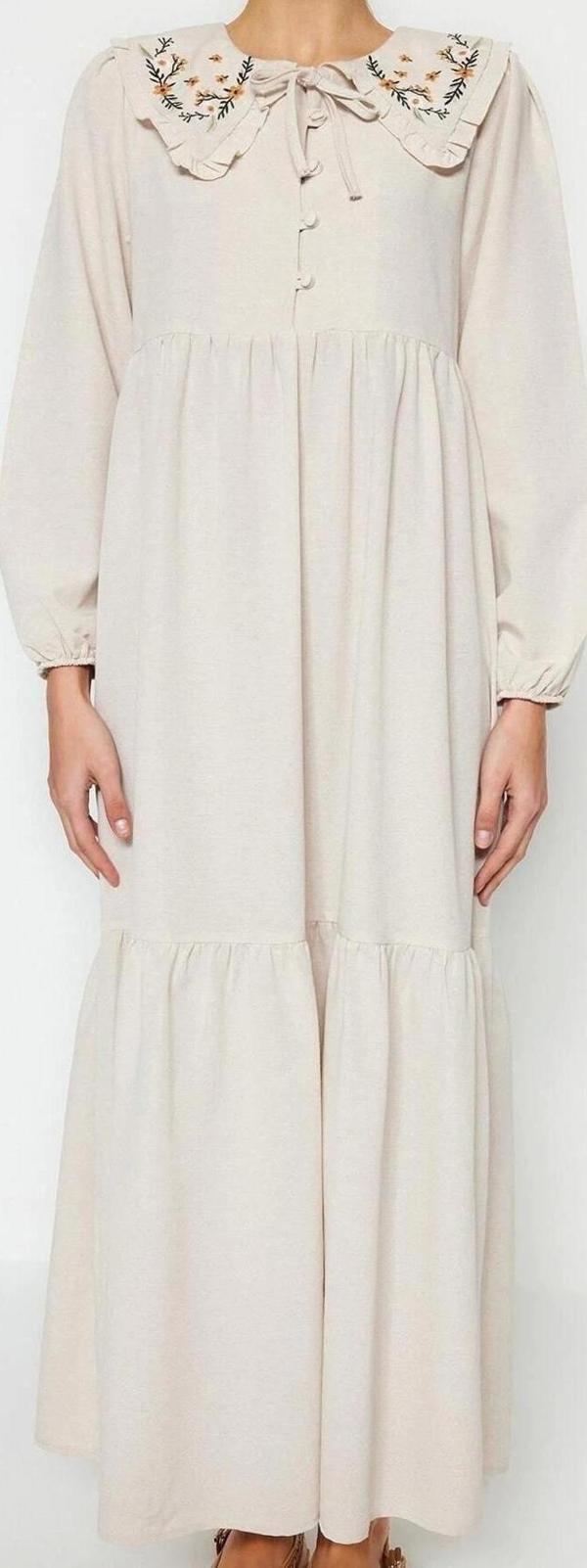 Moda Regular Casual Günlük Keten Görünümlü Dokuma Bebe Yaka Uzun Kol Basic Maxi Boy Tesettür Elbise - Image 1